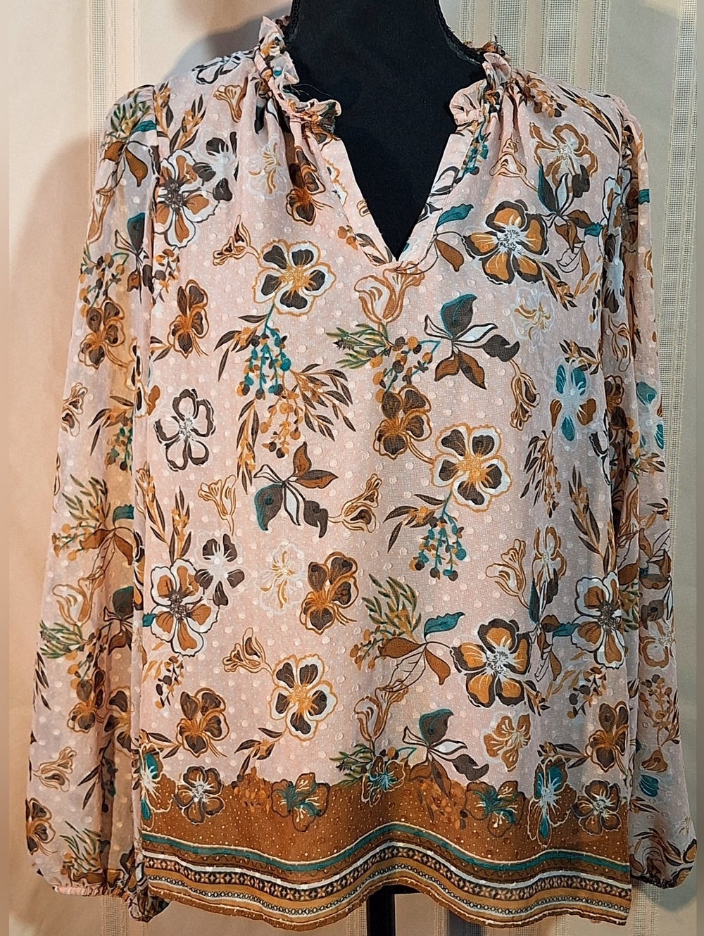 JOIE Floral Peasant Blouse - Peach with Gold, Teal, and Rust Tones